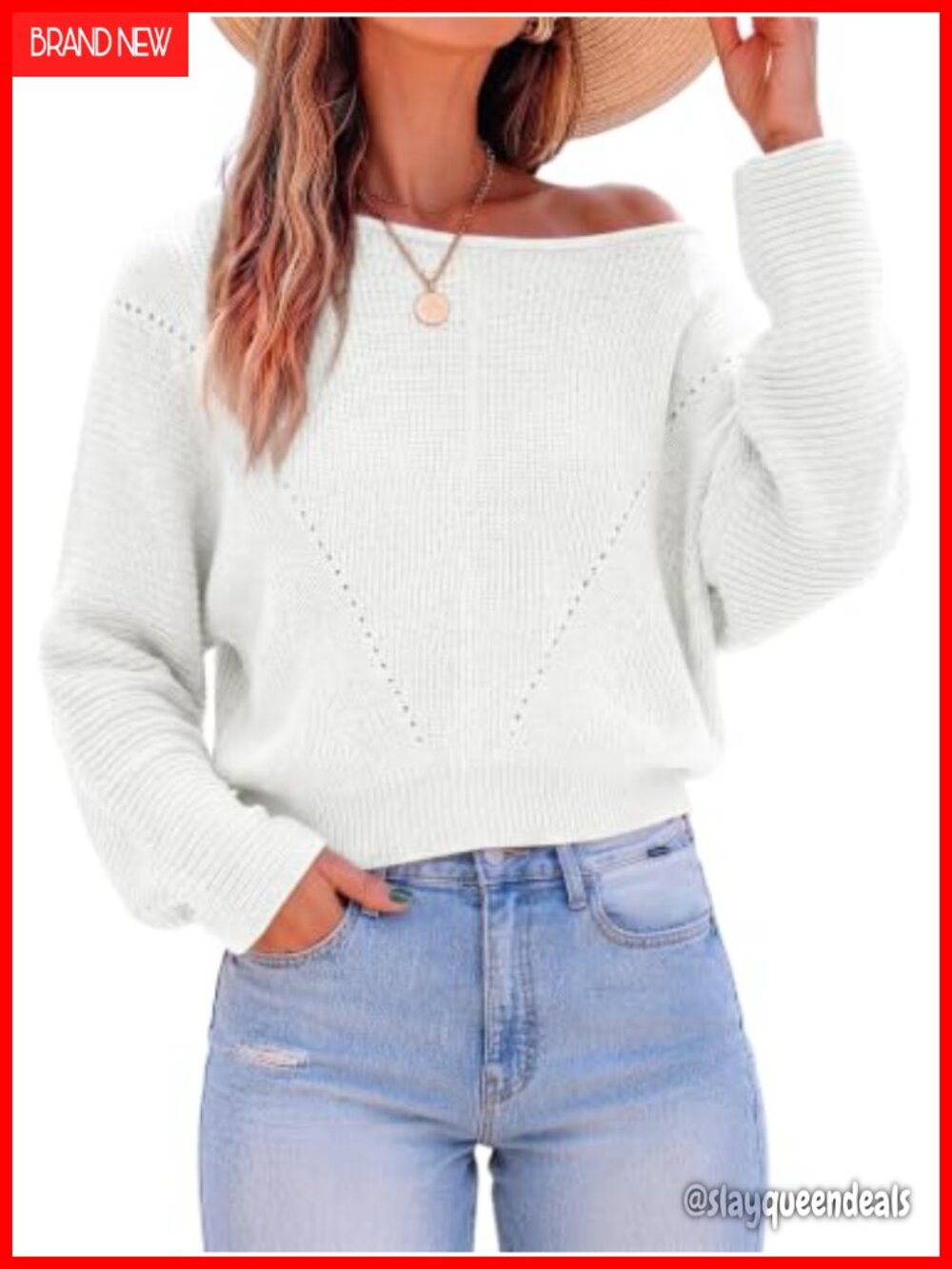 Womens Off Shoulder Knit Sweater Batwing Sleeve Boat Neck Pullover